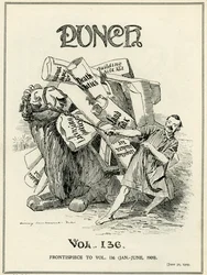 John Bull, depicted as a camel, is reluctant to carry the new tax burdens imposed by Lloyd George in 